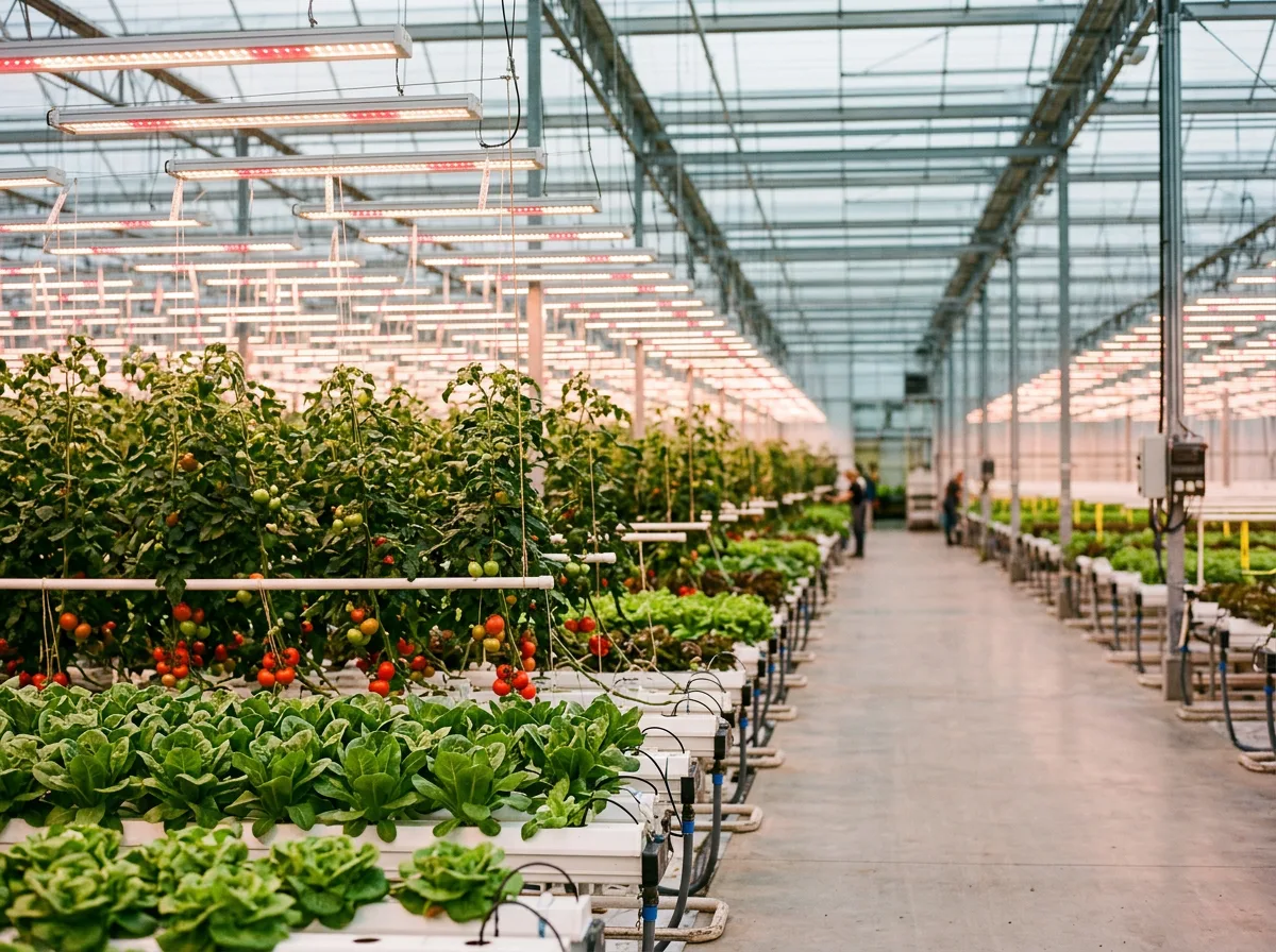 Serre de production horticole avec &eacute;clairage LED